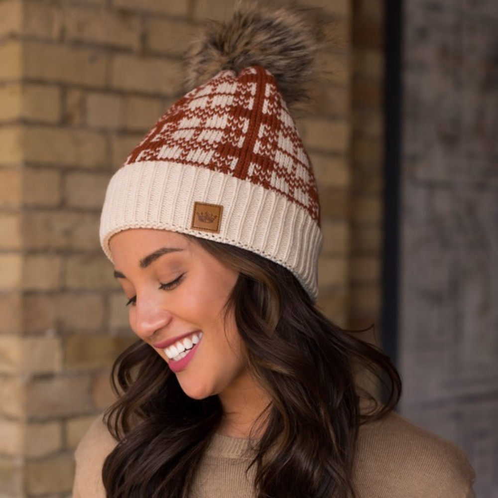 Pumpkin Rust Plaid Knit Faux Fur Pompom Lined Women's Knit Winter Beanie Hat - Picture 2 of 3